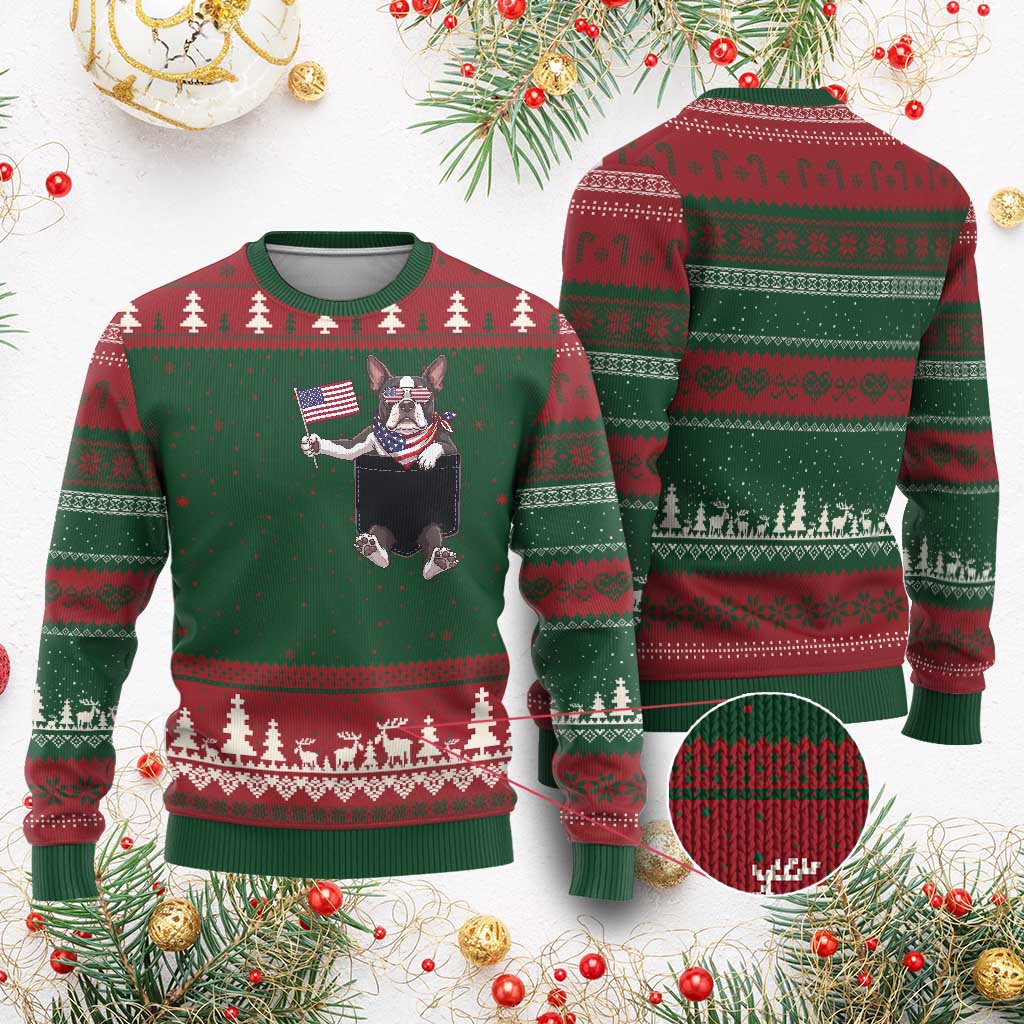 Funny Patriotic French Bulldog in Pocket Graphic Ugly Christmas Sweater Cute Frenchie Waving US Flag Sunglasses Faux Summer TS02 Red Green Print Your Wear