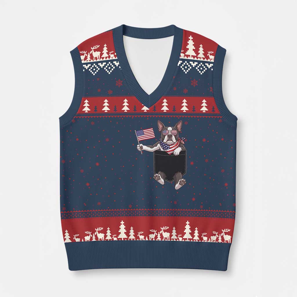 Funny Patriotic French Bulldog in Pocket Graphic V-Neck Knit Sweater Vest Cute Frenchie Waving US Flag Sunglasses Faux Summer TS02 Navy Red Print Your Wear