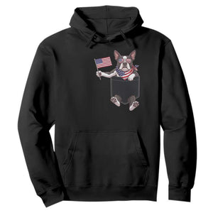 Funny Patriotic French Bulldog in Pocket Graphic Hoodie Cute Frenchie Waving US Flag Sunglasses Faux Summer
