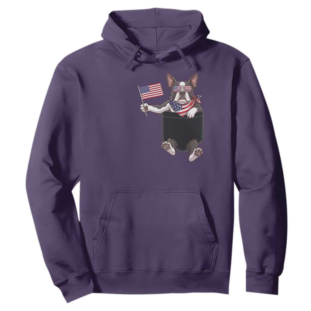 Funny Patriotic French Bulldog in Pocket Graphic Hoodie Cute Frenchie Waving US Flag Sunglasses Faux Summer