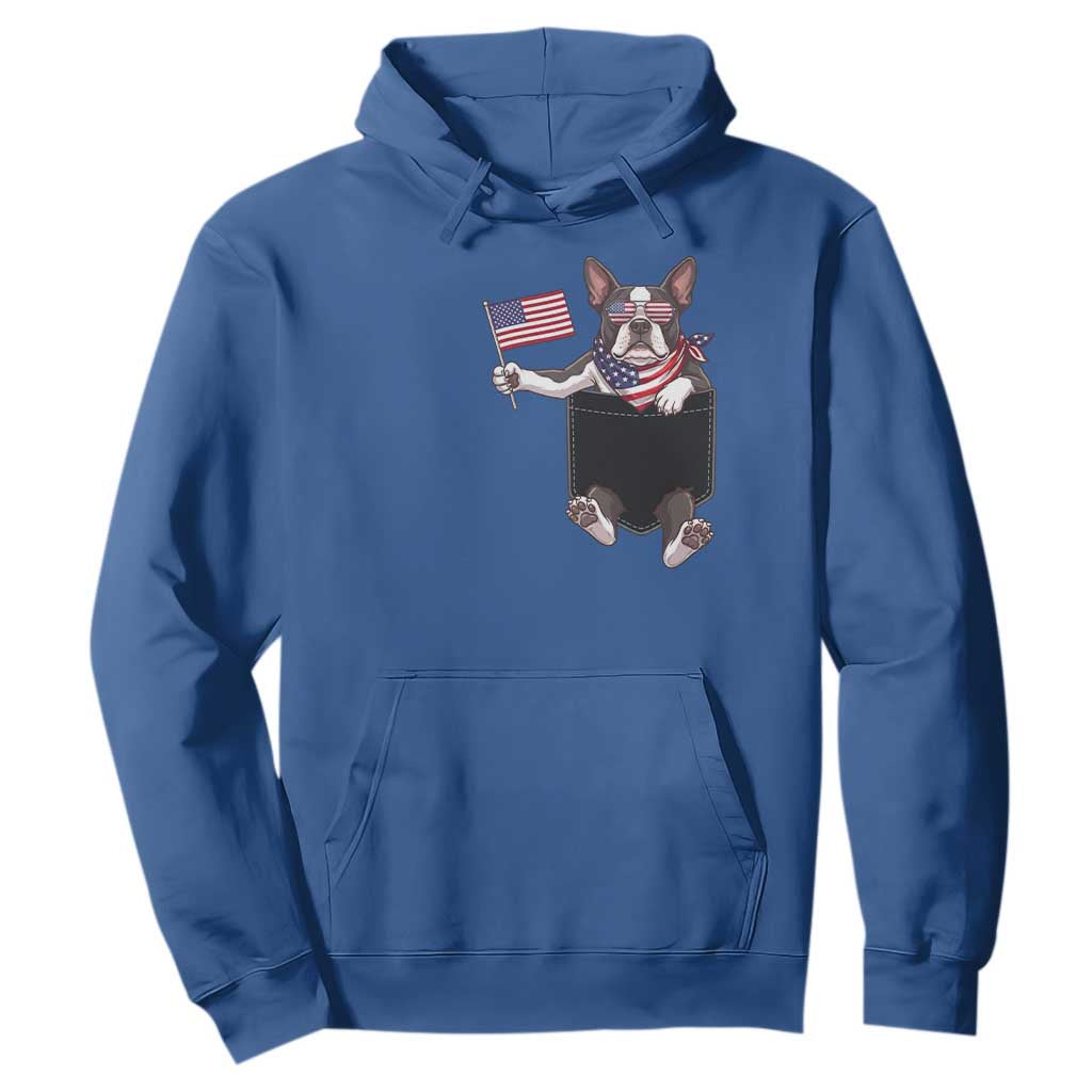 Funny Patriotic French Bulldog in Pocket Graphic Hoodie Cute Frenchie Waving US Flag Sunglasses Faux Summer