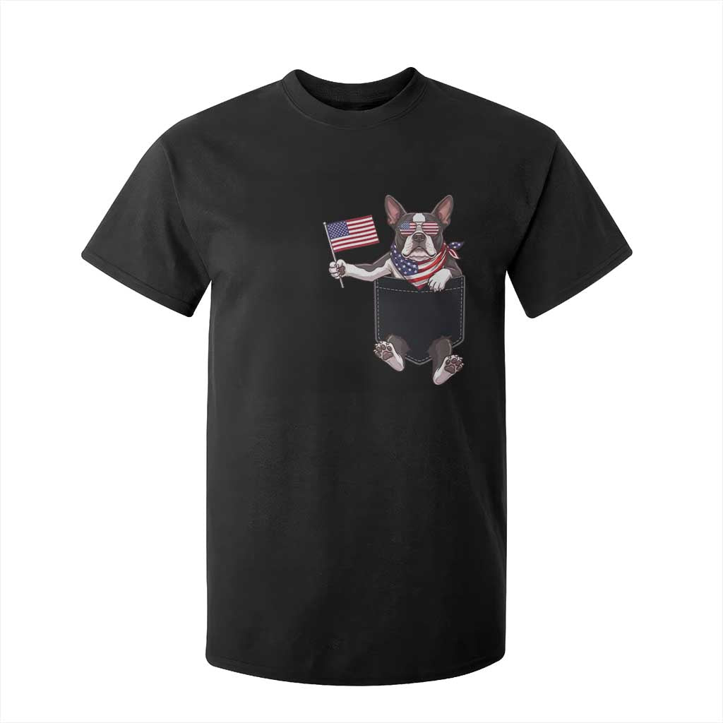 Funny Patriotic French Bulldog in Pocket Graphic T Shirt For Kid Cute Frenchie Waving US Flag Sunglasses Faux Summer TS02 Black Print Your Wear