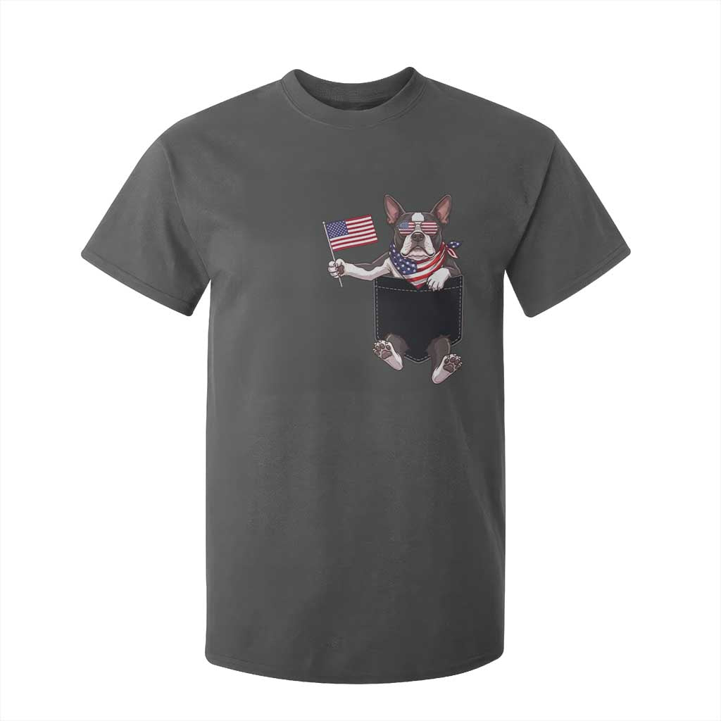 Funny Patriotic French Bulldog in Pocket Graphic T Shirt For Kid Cute Frenchie Waving US Flag Sunglasses Faux Summer