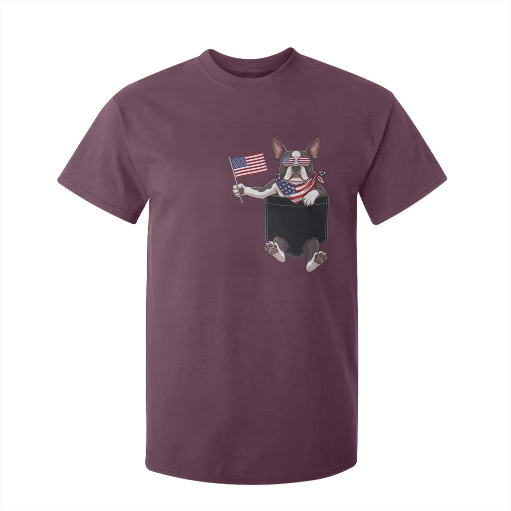 Funny Patriotic French Bulldog in Pocket Graphic T Shirt For Kid Cute Frenchie Waving US Flag Sunglasses Faux Summer