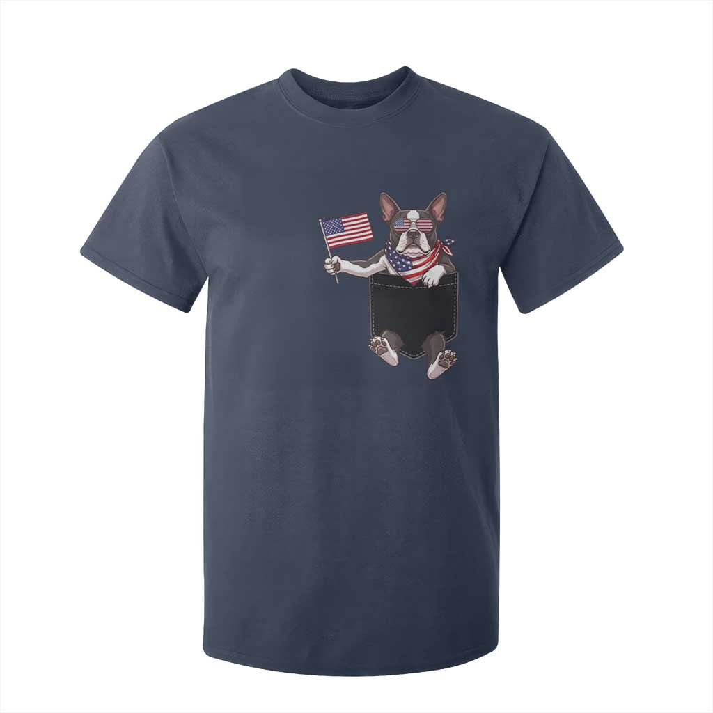 Funny Patriotic French Bulldog in Pocket Graphic T Shirt For Kid Cute Frenchie Waving US Flag Sunglasses Faux Summer
