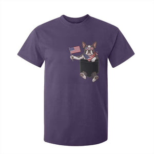 Funny Patriotic French Bulldog in Pocket Graphic T Shirt For Kid Cute Frenchie Waving US Flag Sunglasses Faux Summer