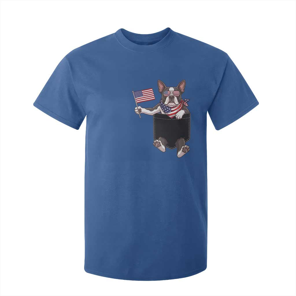 Funny Patriotic French Bulldog in Pocket Graphic T Shirt For Kid Cute Frenchie Waving US Flag Sunglasses Faux Summer