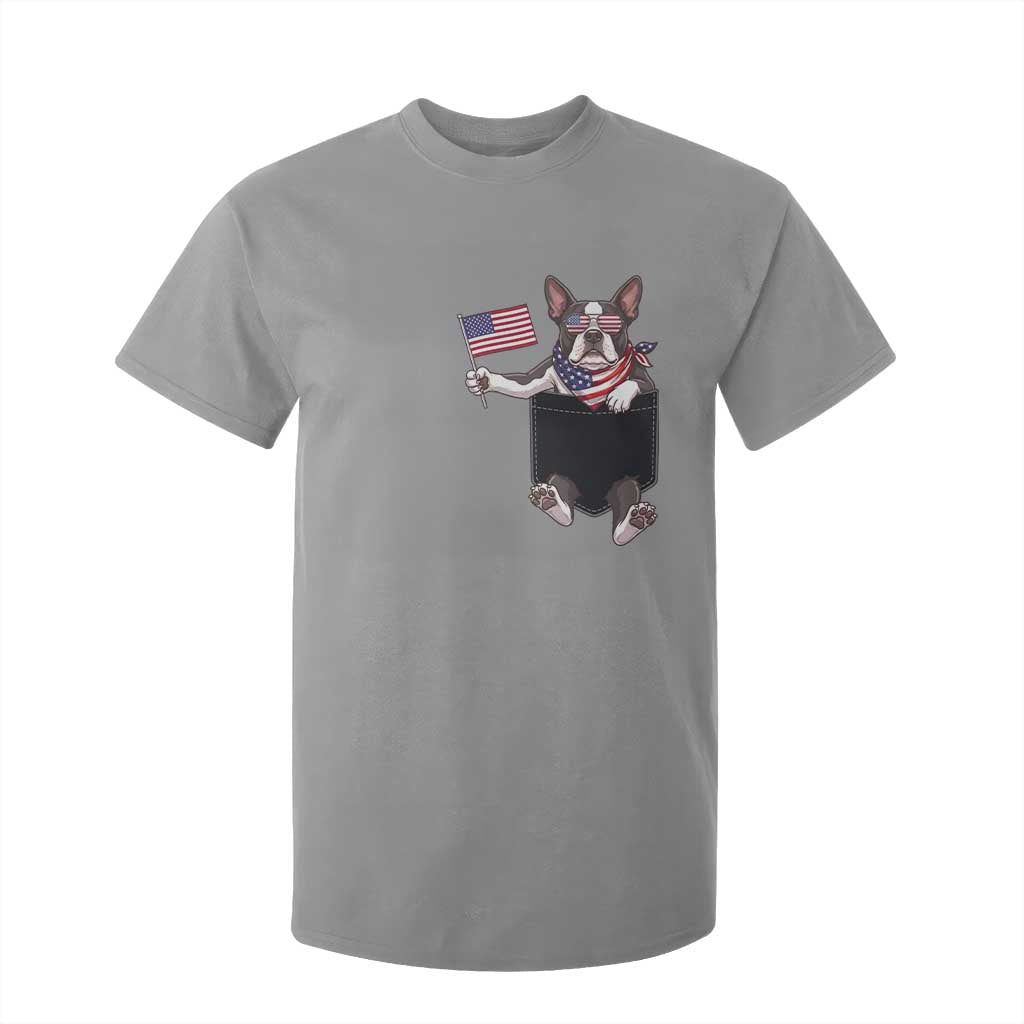Funny Patriotic French Bulldog in Pocket Graphic T Shirt For Kid Cute Frenchie Waving US Flag Sunglasses Faux Summer