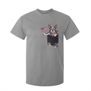 Funny Patriotic French Bulldog in Pocket Graphic T Shirt For Kid Cute Frenchie Waving US Flag Sunglasses Faux Summer