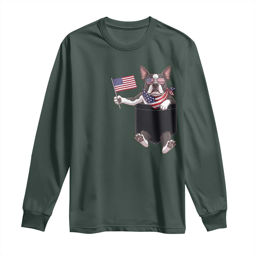 Funny Patriotic French Bulldog in Pocket Graphic Long Sleeve Shirt Cute Frenchie Waving US Flag Sunglasses Faux Summer TS02 Dark Forest Green Print Your Wear