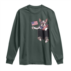 Funny Patriotic French Bulldog in Pocket Graphic Long Sleeve Shirt Cute Frenchie Waving US Flag Sunglasses Faux Summer TS02 Dark Forest Green Print Your Wear