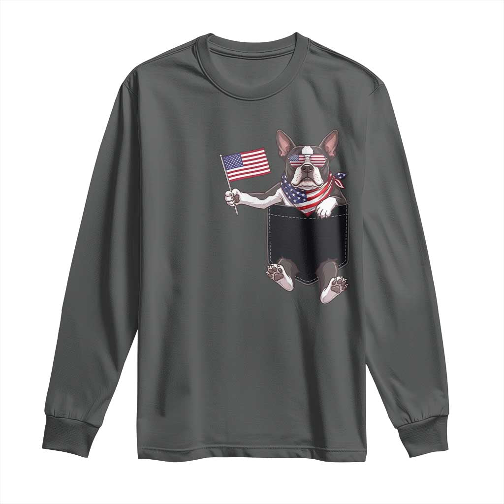 Funny Patriotic French Bulldog in Pocket Graphic Long Sleeve Shirt Cute Frenchie Waving US Flag Sunglasses Faux Summer TS02 Dark Heather Print Your Wear