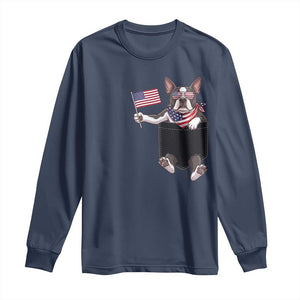 Funny Patriotic French Bulldog in Pocket Graphic Long Sleeve Shirt Cute Frenchie Waving US Flag Sunglasses Faux Summer TS02 Navy Print Your Wear