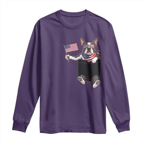 Funny Patriotic French Bulldog in Pocket Graphic Long Sleeve Shirt Cute Frenchie Waving US Flag Sunglasses Faux Summer TS02 Purple Print Your Wear