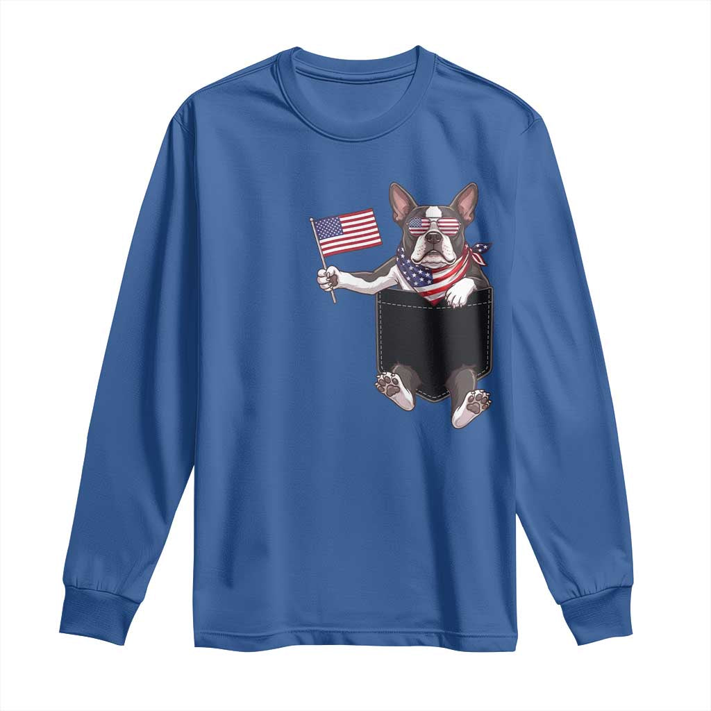 Funny Patriotic French Bulldog in Pocket Graphic Long Sleeve Shirt Cute Frenchie Waving US Flag Sunglasses Faux Summer TS02 Royal Blue Print Your Wear