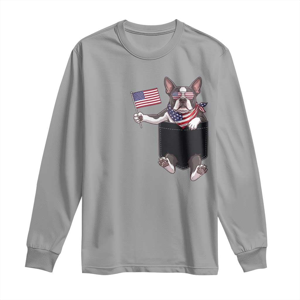Funny Patriotic French Bulldog in Pocket Graphic Long Sleeve Shirt Cute Frenchie Waving US Flag Sunglasses Faux Summer TS02 Sport Gray Print Your Wear