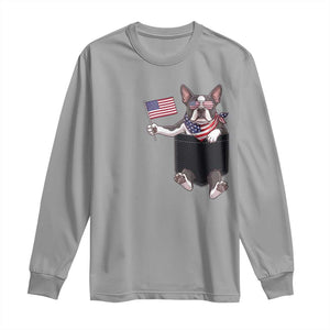 Funny Patriotic French Bulldog in Pocket Graphic Long Sleeve Shirt Cute Frenchie Waving US Flag Sunglasses Faux Summer TS02 Sport Gray Print Your Wear