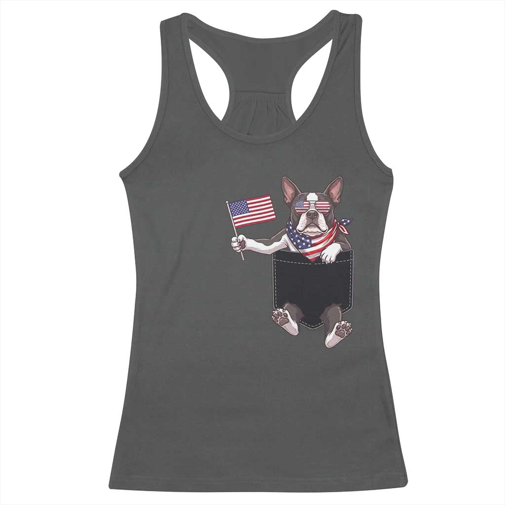 Funny Patriotic French Bulldog in Pocket Graphic Racerback Tank Top Cute Frenchie Waving US Flag Sunglasses Faux Summer TS02 Dark Heather Print Your Wear