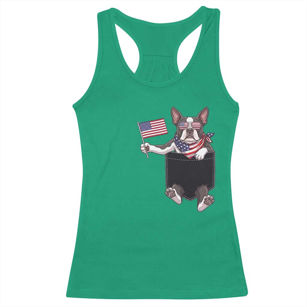 Funny Patriotic French Bulldog in Pocket Graphic Racerback Tank Top Cute Frenchie Waving US Flag Sunglasses Faux Summer TS02 Irish Green Print Your Wear