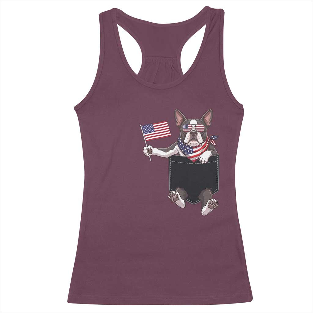 Funny Patriotic French Bulldog in Pocket Graphic Racerback Tank Top Cute Frenchie Waving US Flag Sunglasses Faux Summer TS02 Maroon Print Your Wear