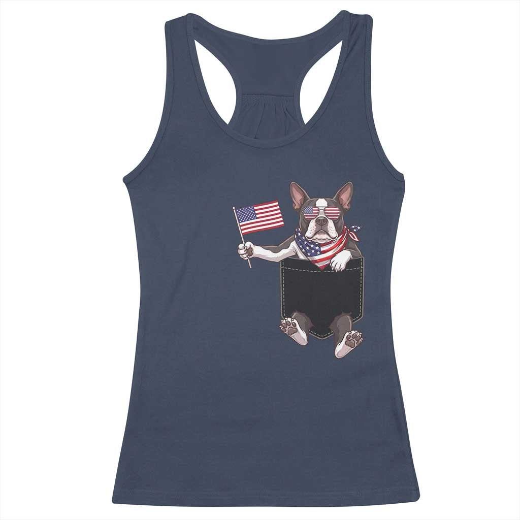 Funny Patriotic French Bulldog in Pocket Graphic Racerback Tank Top Cute Frenchie Waving US Flag Sunglasses Faux Summer TS02 Navy Print Your Wear