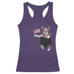 Funny Patriotic French Bulldog in Pocket Graphic Racerback Tank Top Cute Frenchie Waving US Flag Sunglasses Faux Summer TS02 Purple Print Your Wear