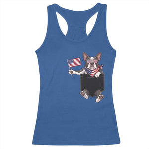 Funny Patriotic French Bulldog in Pocket Graphic Racerback Tank Top Cute Frenchie Waving US Flag Sunglasses Faux Summer TS02 Royal Blue Print Your Wear