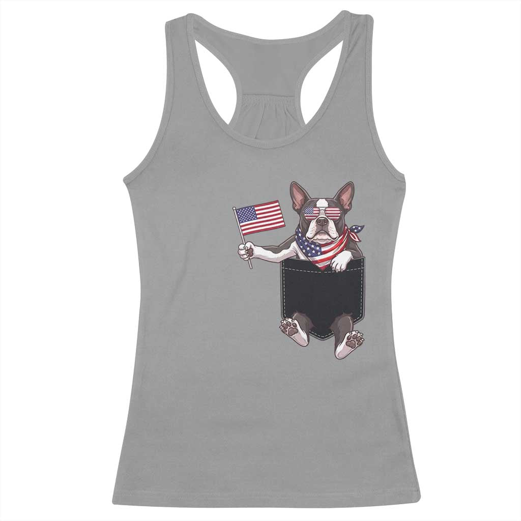 Funny Patriotic French Bulldog in Pocket Graphic Racerback Tank Top Cute Frenchie Waving US Flag Sunglasses Faux Summer TS02 Sport Gray Print Your Wear