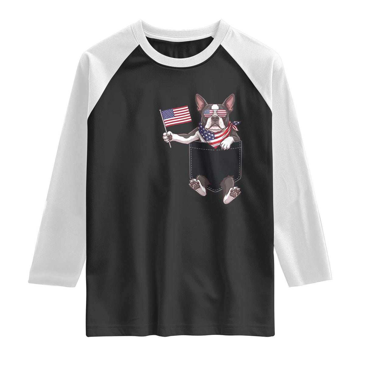 Funny Patriotic French Bulldog in Pocket Graphic Raglan Shirt Cute Frenchie Waving US Flag Sunglasses Faux Summer TS02 Black White Print Your Wear