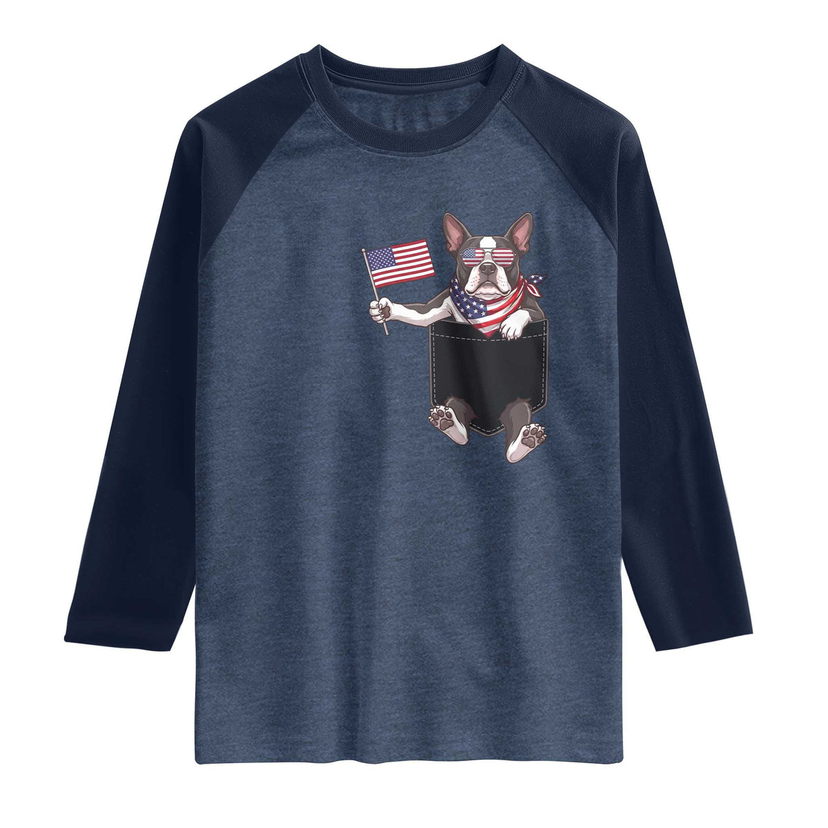 Funny Patriotic French Bulldog in Pocket Graphic Raglan Shirt Cute Frenchie Waving US Flag Sunglasses Faux Summer TS02 Heather Denim Navy Print Your Wear