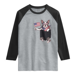 Funny Patriotic French Bulldog in Pocket Graphic Raglan Shirt Cute Frenchie Waving US Flag Sunglasses Faux Summer TS02 Heather Gray Black Print Your Wear