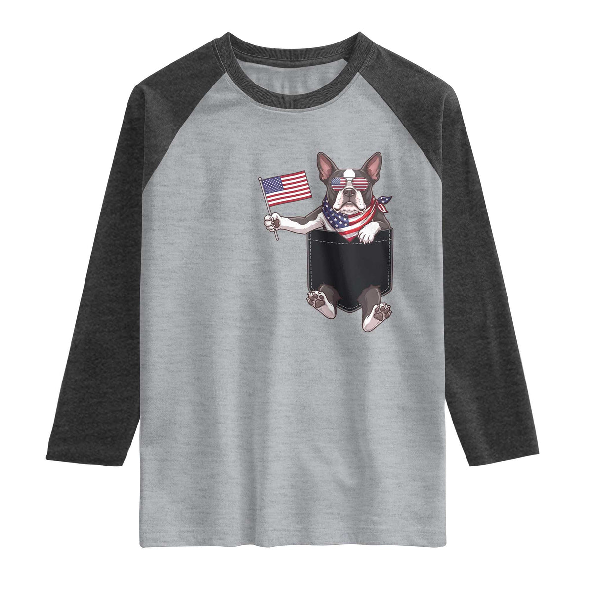 Funny Patriotic French Bulldog in Pocket Graphic Raglan Shirt Cute Frenchie Waving US Flag Sunglasses Faux Summer TS02 Heather Gray Heather Charcoal Print Your Wear