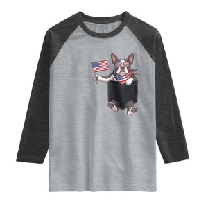 Funny Patriotic French Bulldog in Pocket Graphic Raglan Shirt Cute Frenchie Waving US Flag Sunglasses Faux Summer TS02 Heather Gray Heather Charcoal Print Your Wear
