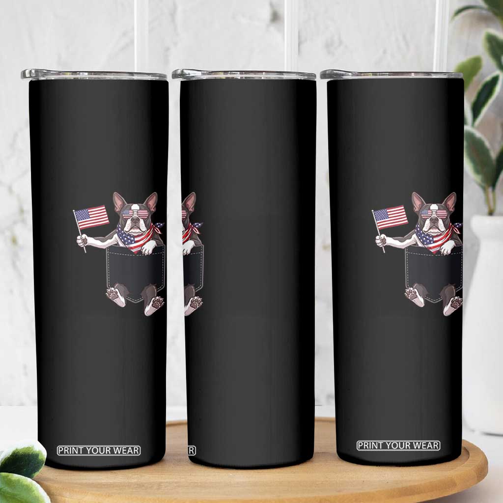 Funny Patriotic French Bulldog in Pocket Graphic Skinny Tumbler Cute Frenchie Waving US Flag Sunglasses Faux Summer TS02 Print Your Wear