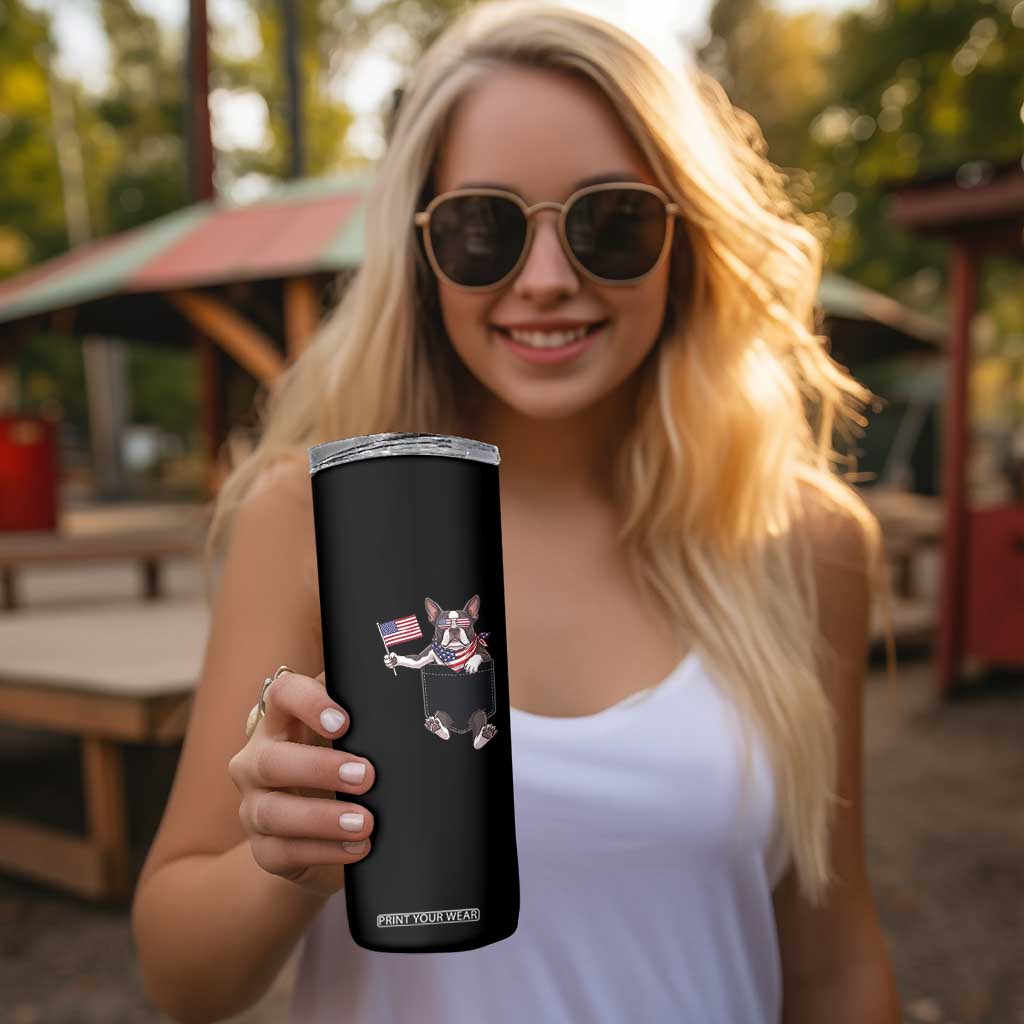 Funny Patriotic French Bulldog in Pocket Graphic Skinny Tumbler Cute Frenchie Waving US Flag Sunglasses Faux Summer TS02 Print Your Wear