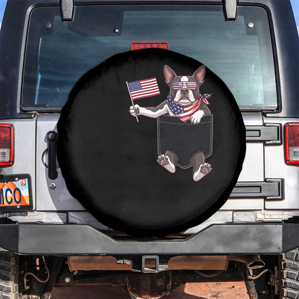 Funny Patriotic French Bulldog in Pocket Graphic Spare Tire Cover Cute Frenchie Waving US Flag Sunglasses Faux Summer