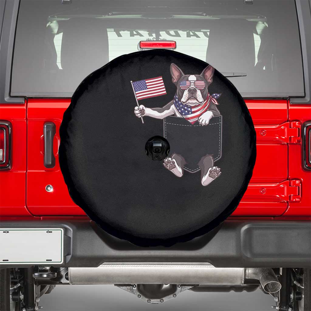 Funny Patriotic French Bulldog in Pocket Graphic Spare Tire Cover Cute Frenchie Waving US Flag Sunglasses Faux Summer