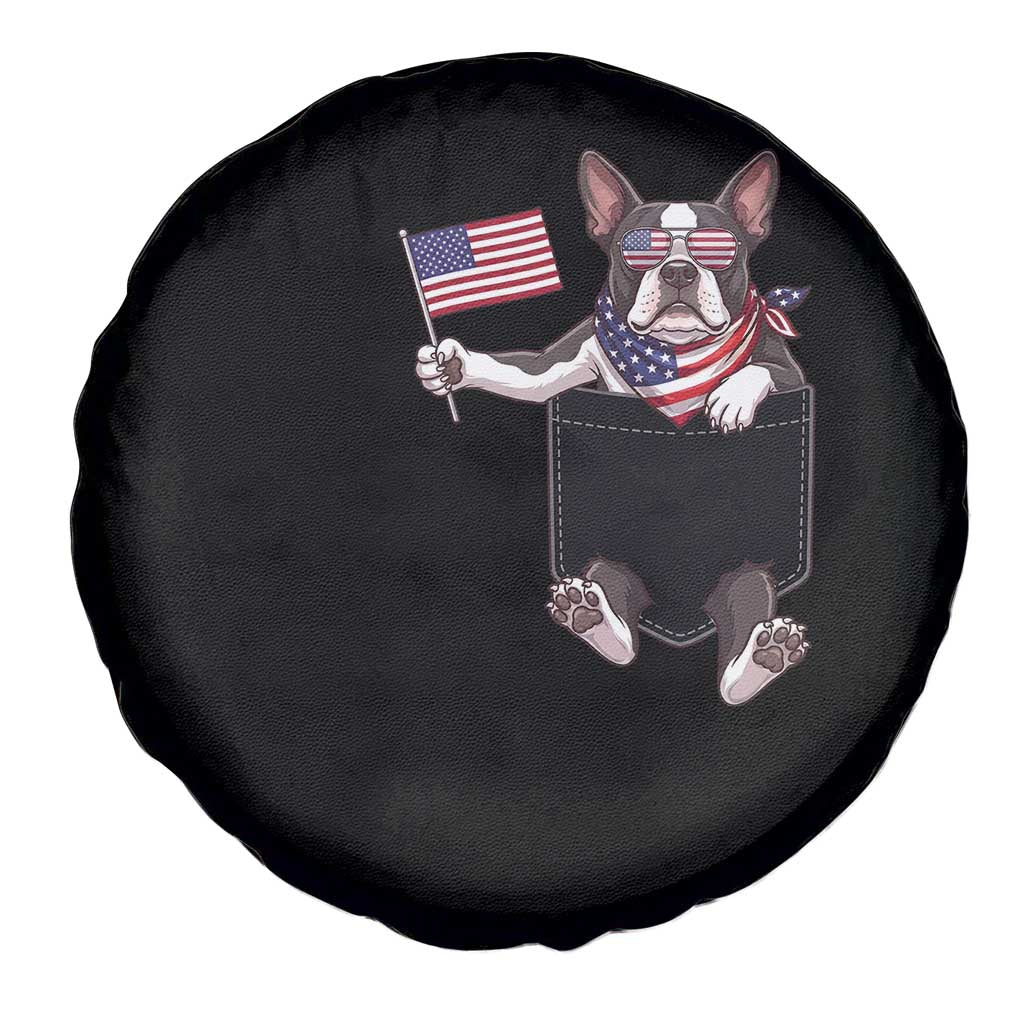Funny Patriotic French Bulldog in Pocket Graphic Spare Tire Cover Cute Frenchie Waving US Flag Sunglasses Faux Summer