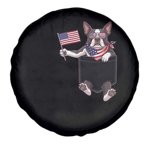 Funny Patriotic French Bulldog in Pocket Graphic Spare Tire Cover Cute Frenchie Waving US Flag Sunglasses Faux Summer