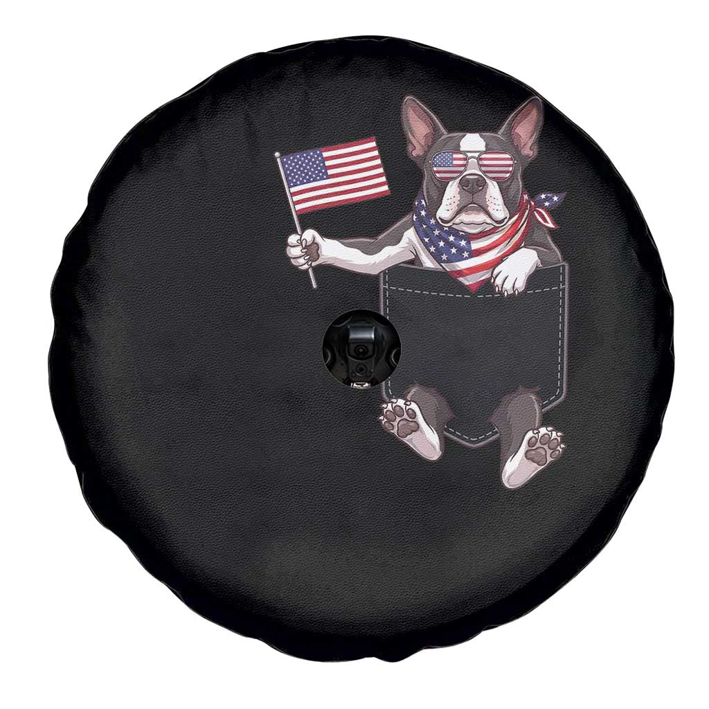 Funny Patriotic French Bulldog in Pocket Graphic Spare Tire Cover Cute Frenchie Waving US Flag Sunglasses Faux Summer