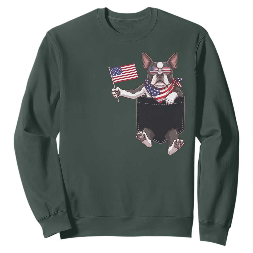Funny Patriotic French Bulldog in Pocket Graphic Sweatshirt Cute Frenchie Waving US Flag Sunglasses Faux Summer TS02 Dark Forest Green Print Your Wear
