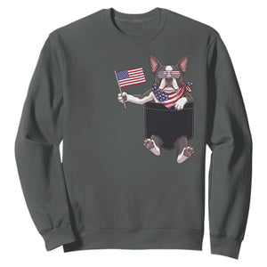 Funny Patriotic French Bulldog in Pocket Graphic Sweatshirt Cute Frenchie Waving US Flag Sunglasses Faux Summer TS02 Dark Heather Print Your Wear