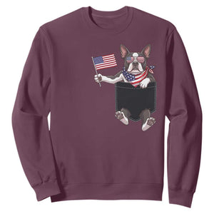 Funny Patriotic French Bulldog in Pocket Graphic Sweatshirt Cute Frenchie Waving US Flag Sunglasses Faux Summer TS02 Maroon Print Your Wear