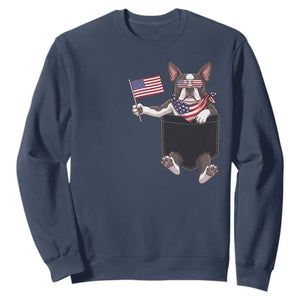 Funny Patriotic French Bulldog in Pocket Graphic Sweatshirt Cute Frenchie Waving US Flag Sunglasses Faux Summer TS02 Navy Print Your Wear