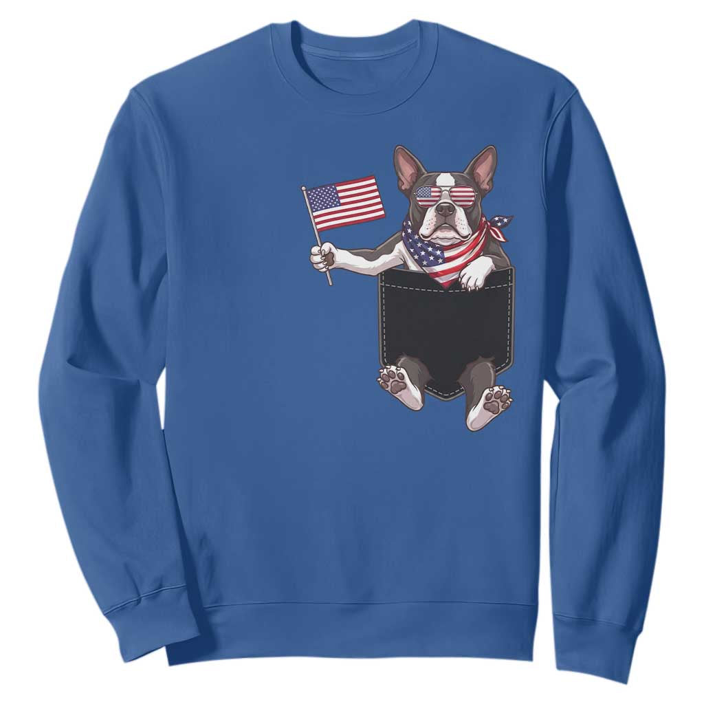 Funny Patriotic French Bulldog in Pocket Graphic Sweatshirt Cute Frenchie Waving US Flag Sunglasses Faux Summer TS02 Royal Blue Print Your Wear