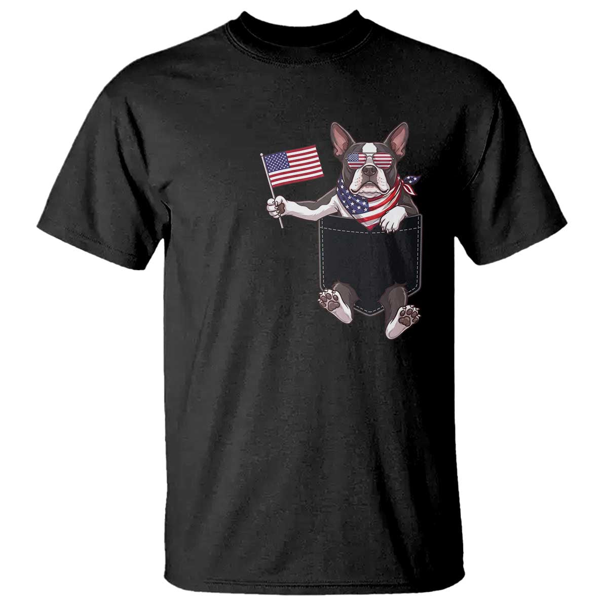 Funny Patriotic French Bulldog in Pocket Graphic T Shirt Cute Frenchie Waving US Flag Sunglasses Faux Summer TS02 Black Print Your Wear