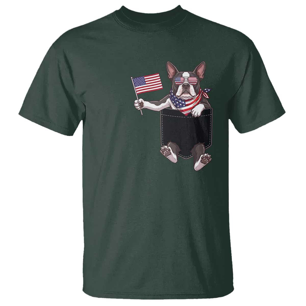 Funny Patriotic French Bulldog in Pocket Graphic T Shirt Cute Frenchie Waving US Flag Sunglasses Faux Summer TS02 Dark Forest Green Print Your Wear