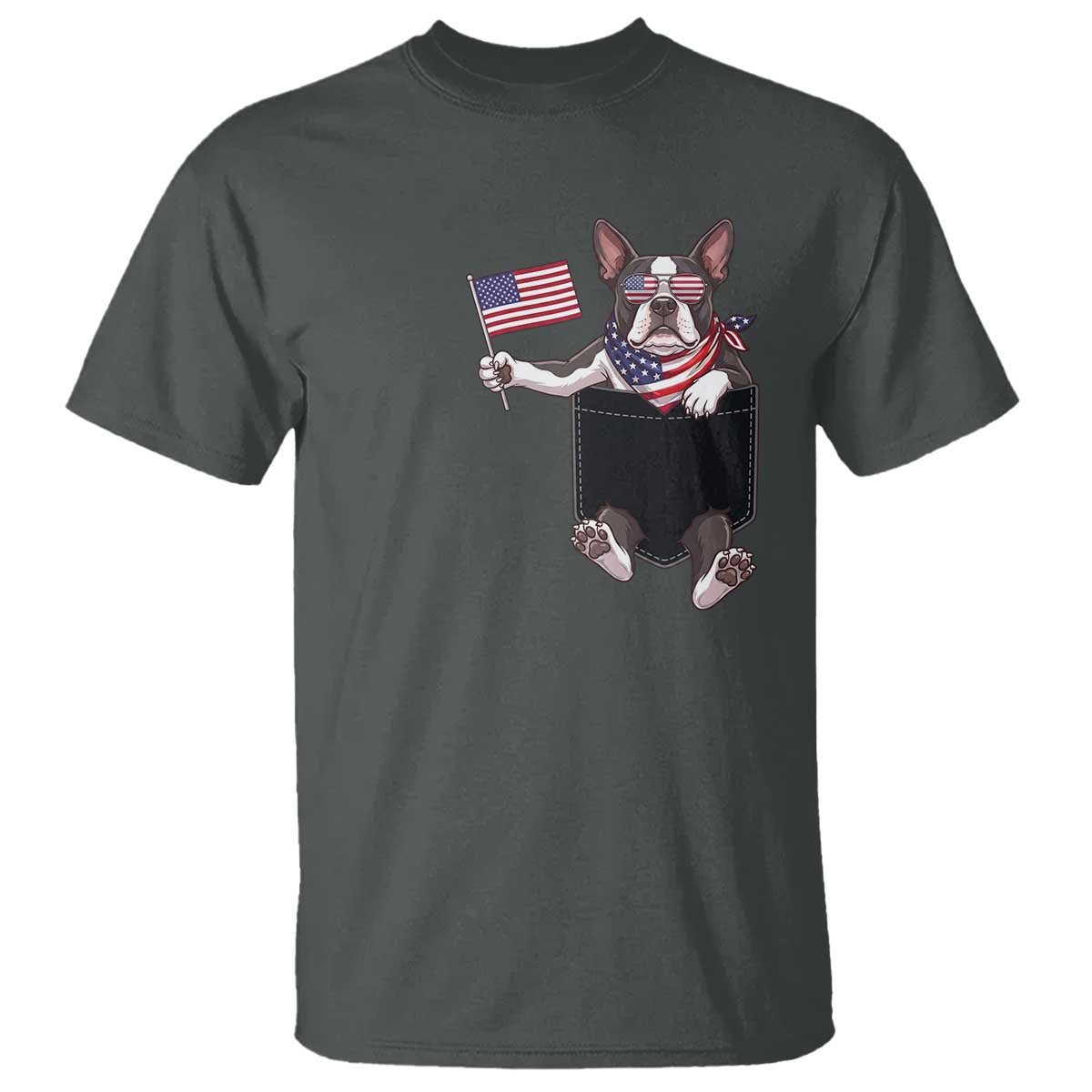 Funny Patriotic French Bulldog in Pocket Graphic T Shirt Cute Frenchie Waving US Flag Sunglasses Faux Summer TS02 Dark Heather Print Your Wear
