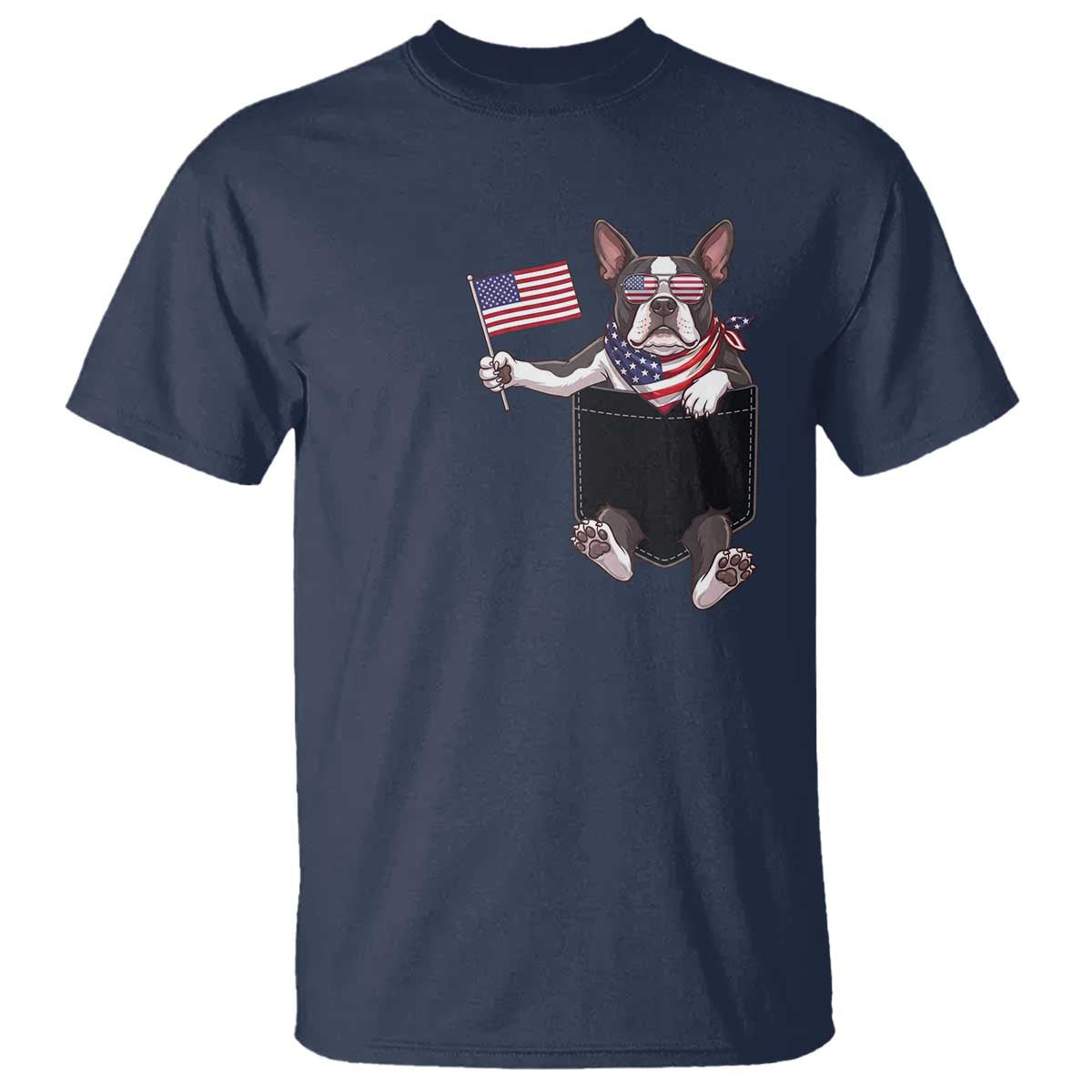 Funny Patriotic French Bulldog in Pocket Graphic T Shirt Cute Frenchie Waving US Flag Sunglasses Faux Summer TS02 Navy Print Your Wear