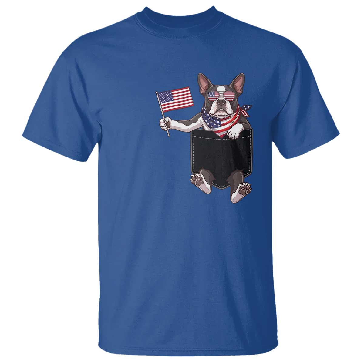 Funny Patriotic French Bulldog in Pocket Graphic T Shirt Cute Frenchie Waving US Flag Sunglasses Faux Summer TS02 Royal Blue Print Your Wear